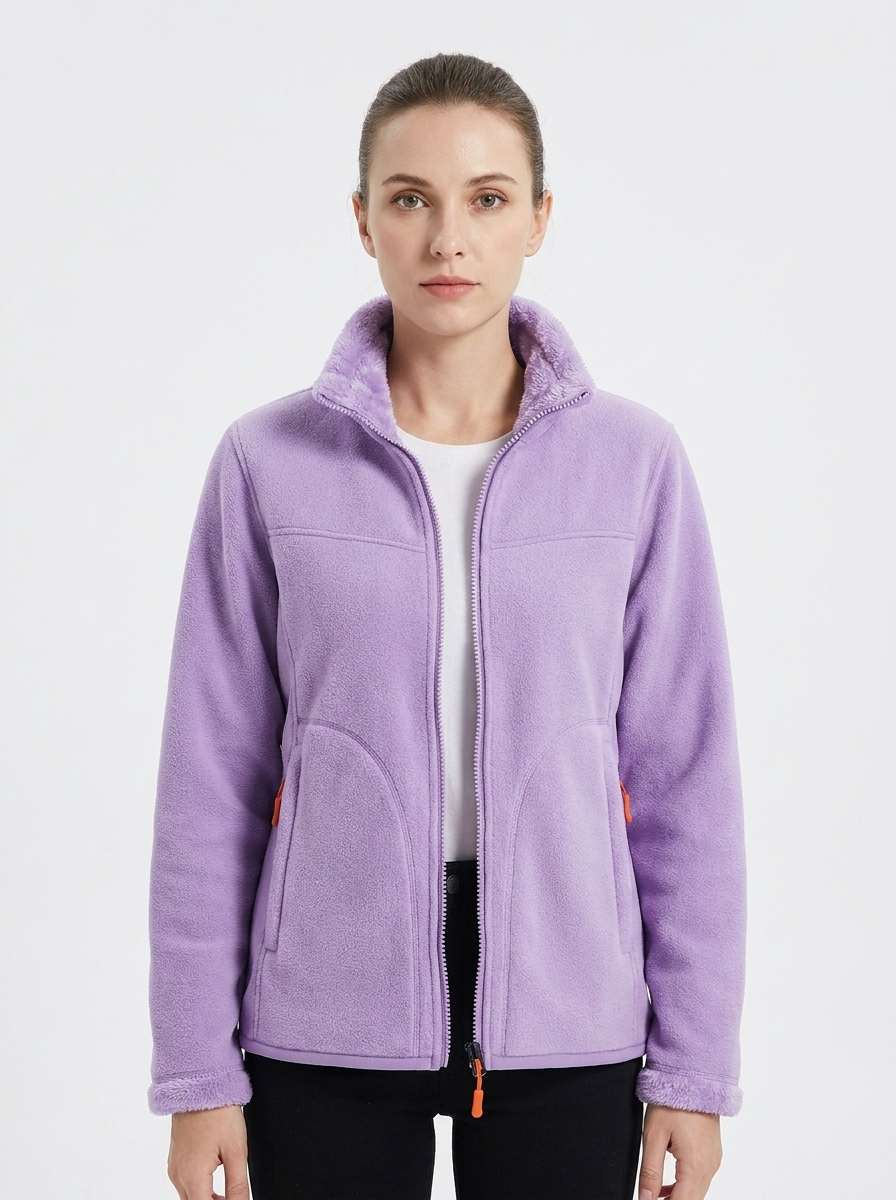 Women's Fleece Jacket Sherpa-Lined Stand Collar Zip-Up Winter Coat