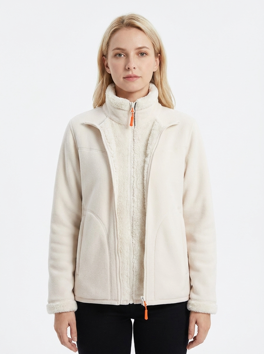 Women's Fleece Jacket Sherpa-Lined Stand Collar Zip-Up Winter Coat