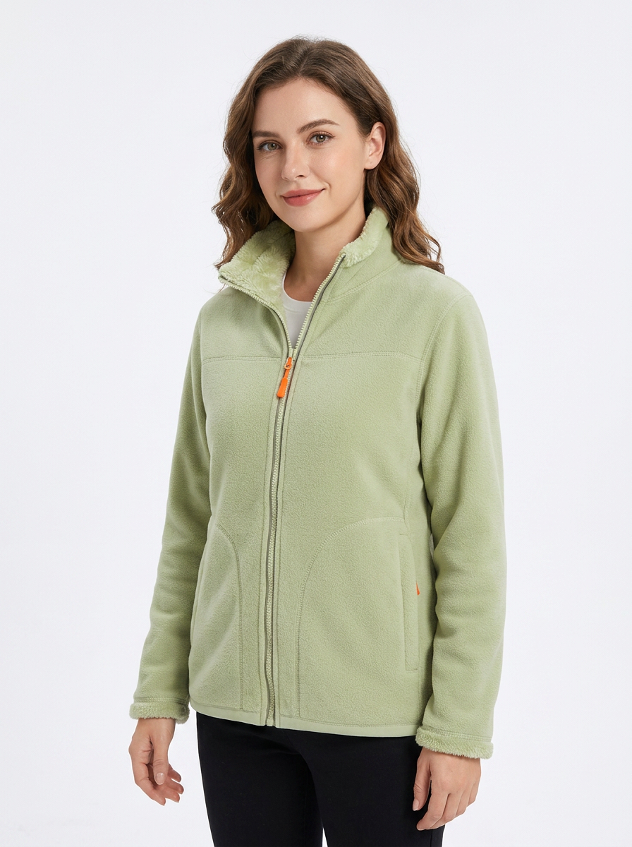 Women's Fleece Jacket Sherpa-Lined Stand Collar Zip-Up Winter Coat