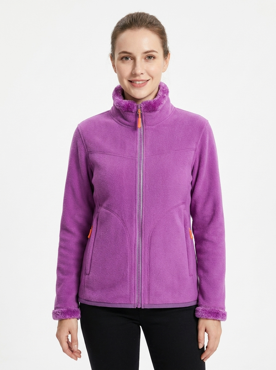 Women's Fleece Jacket Sherpa-Lined Stand Collar Zip-Up Winter Coat