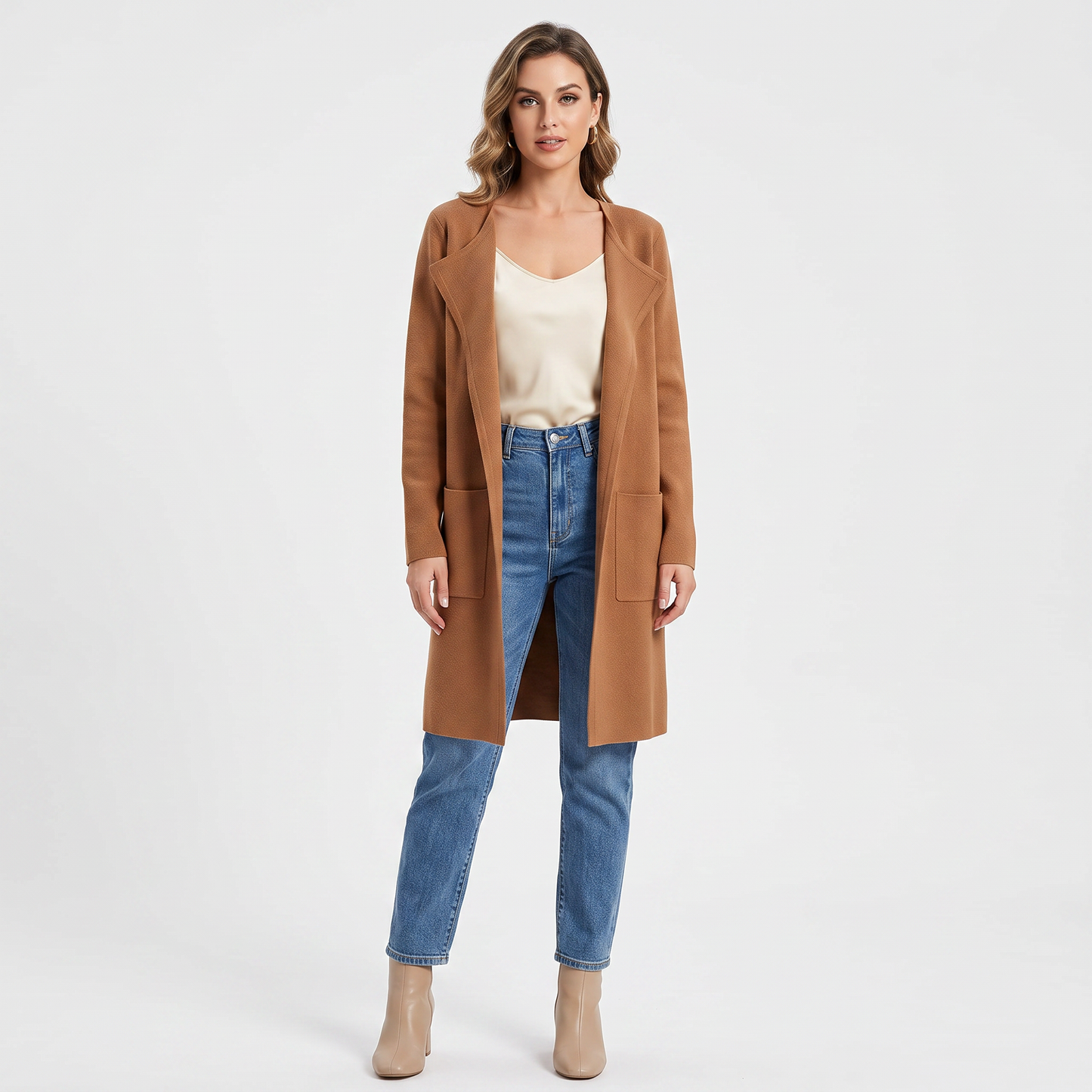 Women's Longline Open Front Cardigan Knit Coat With Pockets