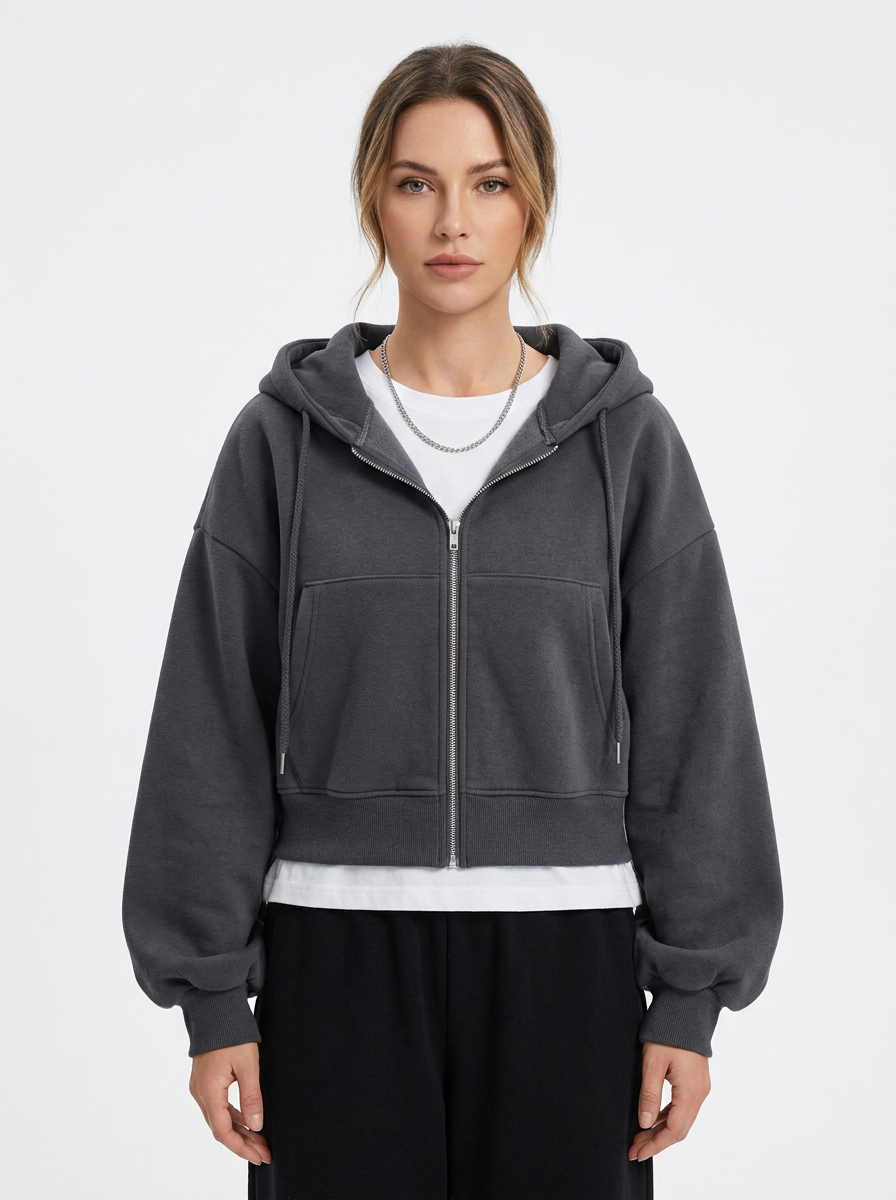 Women's Zip-Up Hoodie Cropped Oversized Fleece Winter Sweatshirt