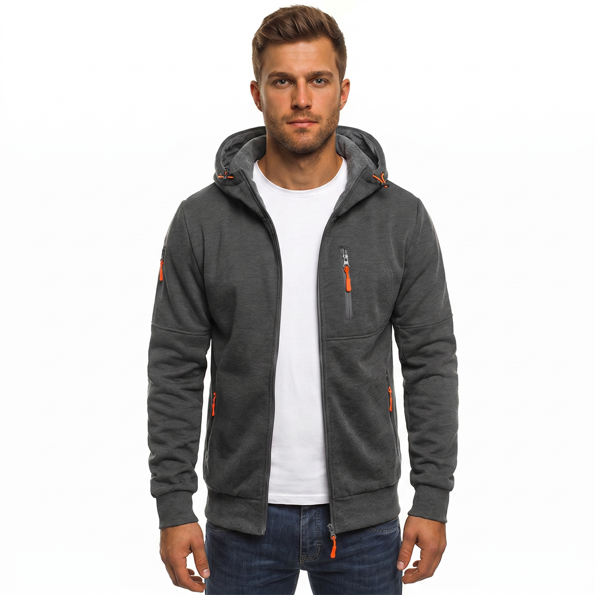 Men's Zip-Up Hoodie Multi Pocket Fleece Athletic Sweatshirt Winter Jacket