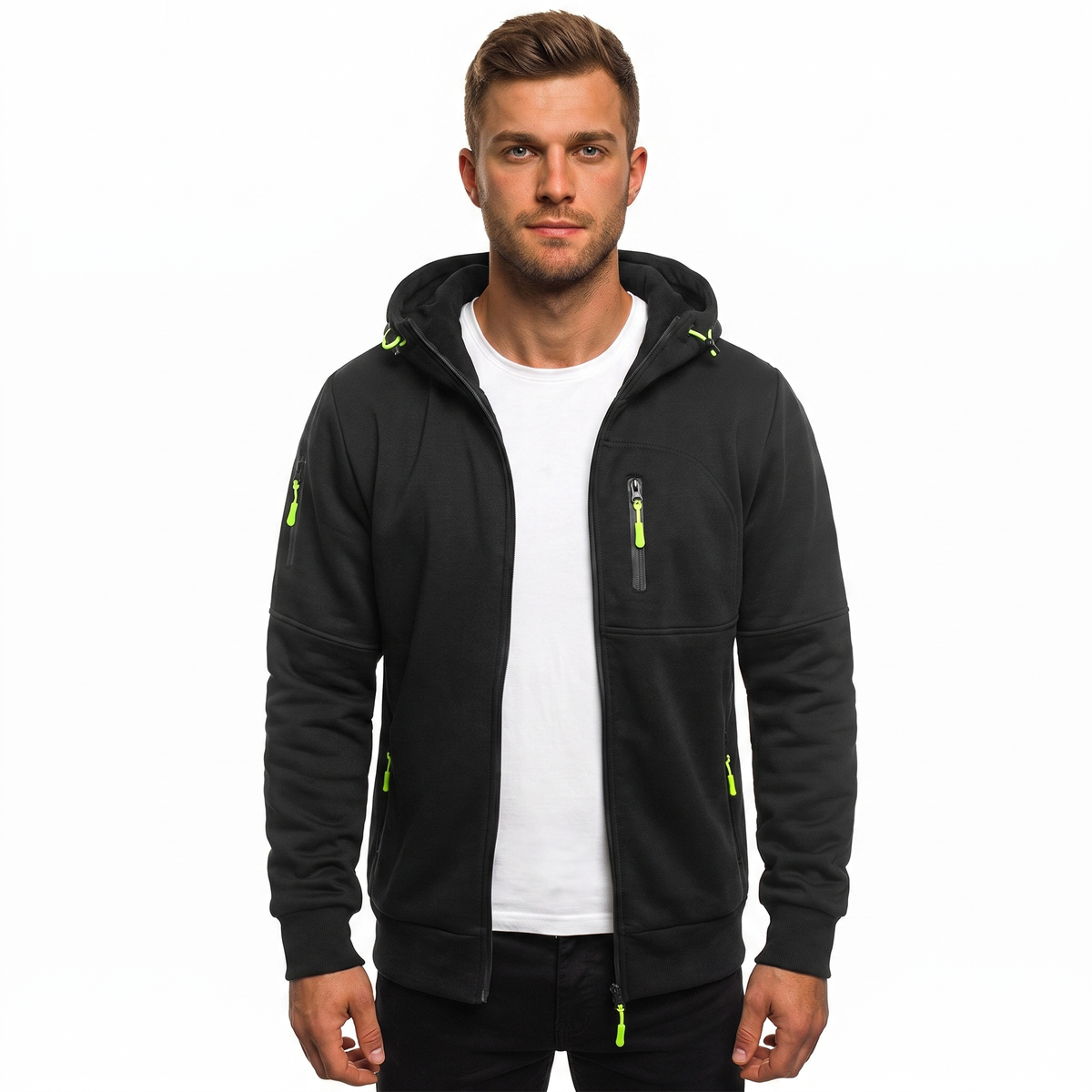 Men's Zip-Up Hoodie Multi Pocket Fleece Athletic Sweatshirt Winter Jacket