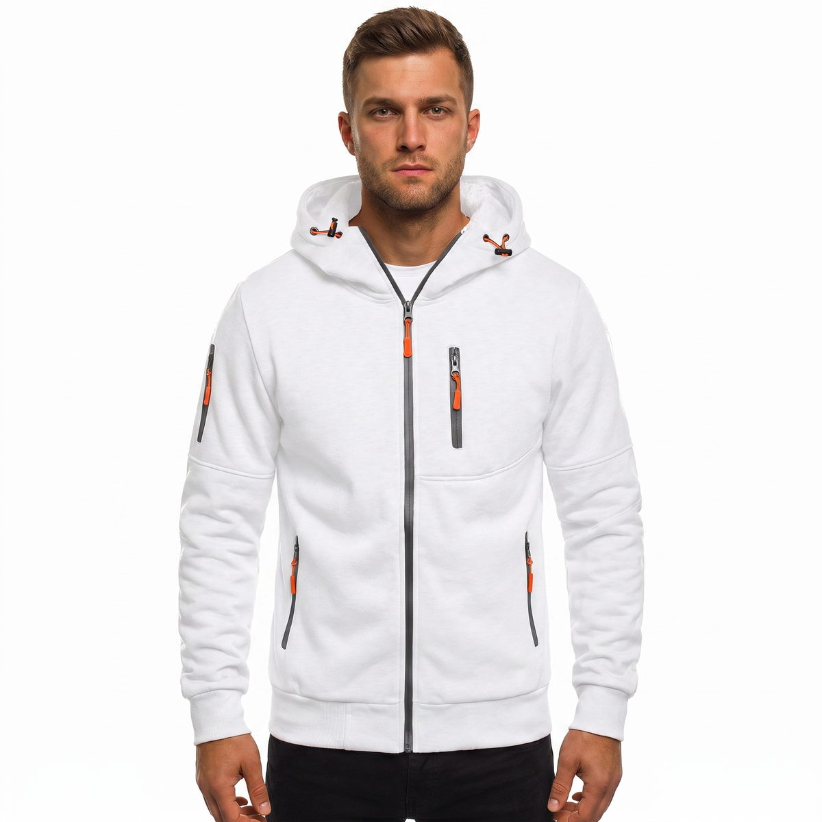 Men's Zip-Up Hoodie Multi Pocket Fleece Athletic Sweatshirt Winter Jacket