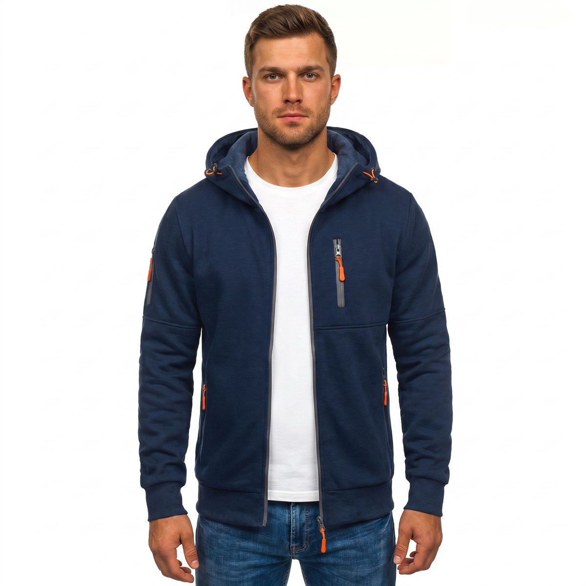 Men's Zip-Up Hoodie Multi Pocket Fleece Athletic Sweatshirt Winter Jacket