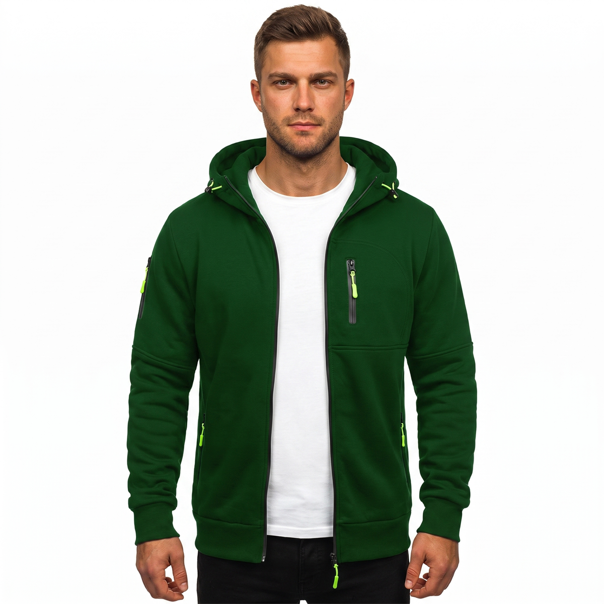 Men's Zip-Up Hoodie Multi Pocket Fleece Athletic Sweatshirt Winter Jacket
