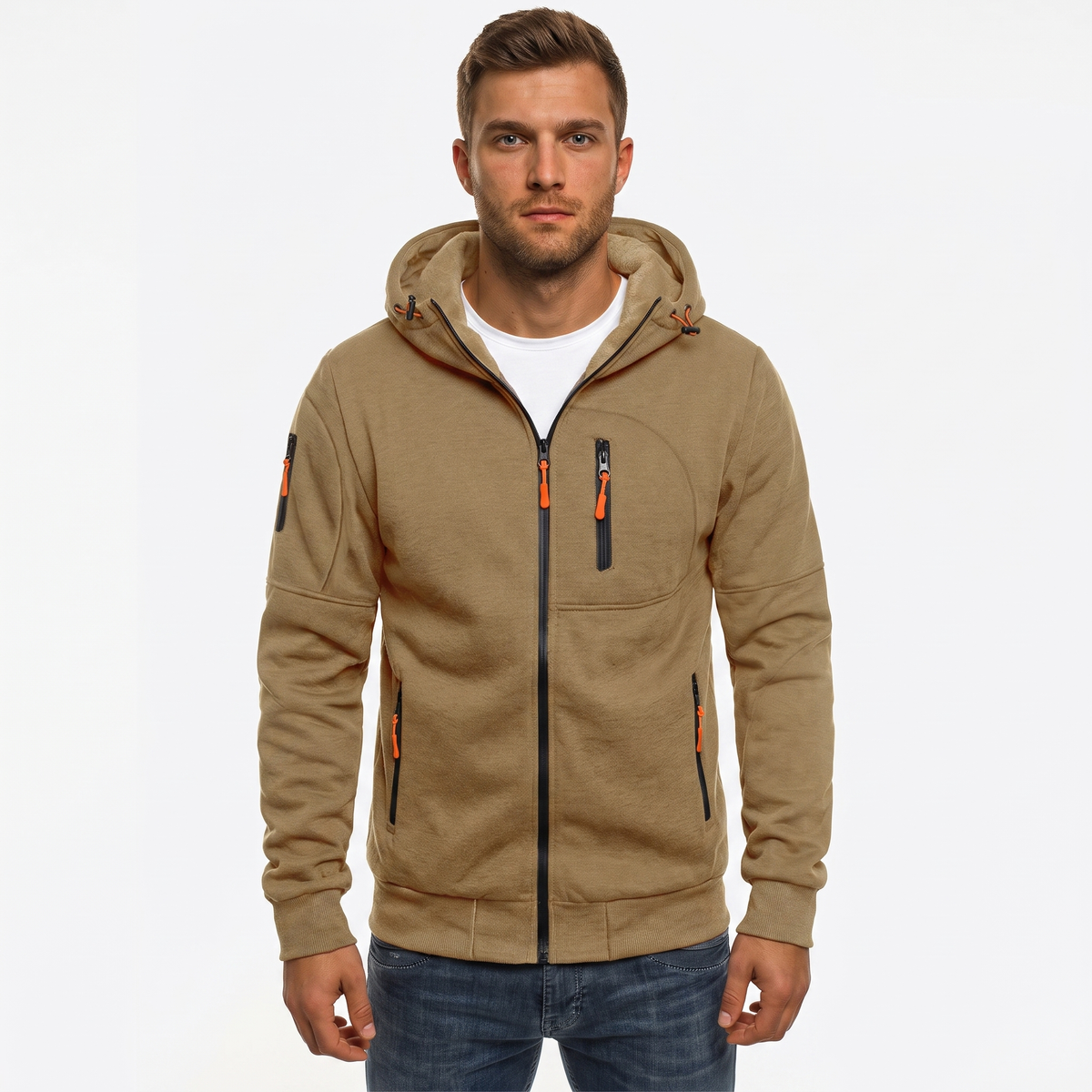 Men's Zip-Up Hoodie Multi Pocket Fleece Athletic Sweatshirt Winter Jacket