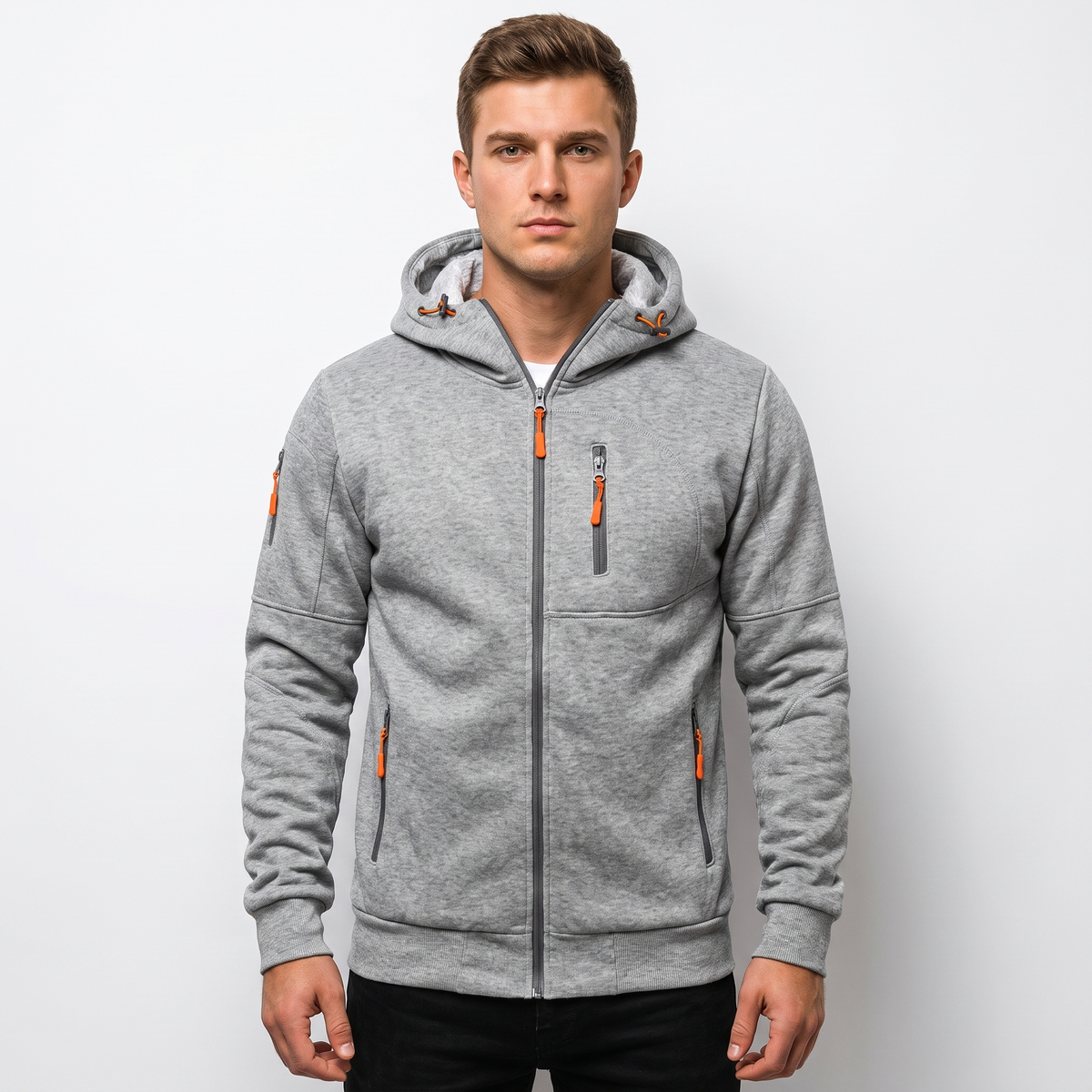 Men's Zip-Up Hoodie Multi Pocket Fleece Athletic Sweatshirt Winter Jacket