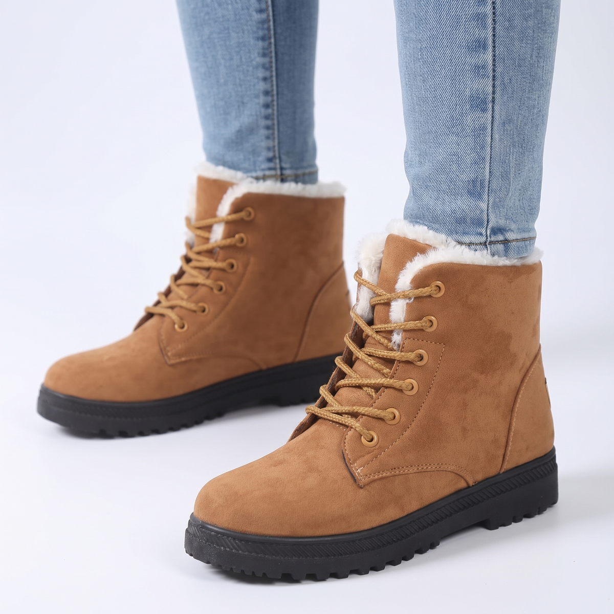 Women's Fur Lined Snow Lace-Up Suede Ankle Winter Boots