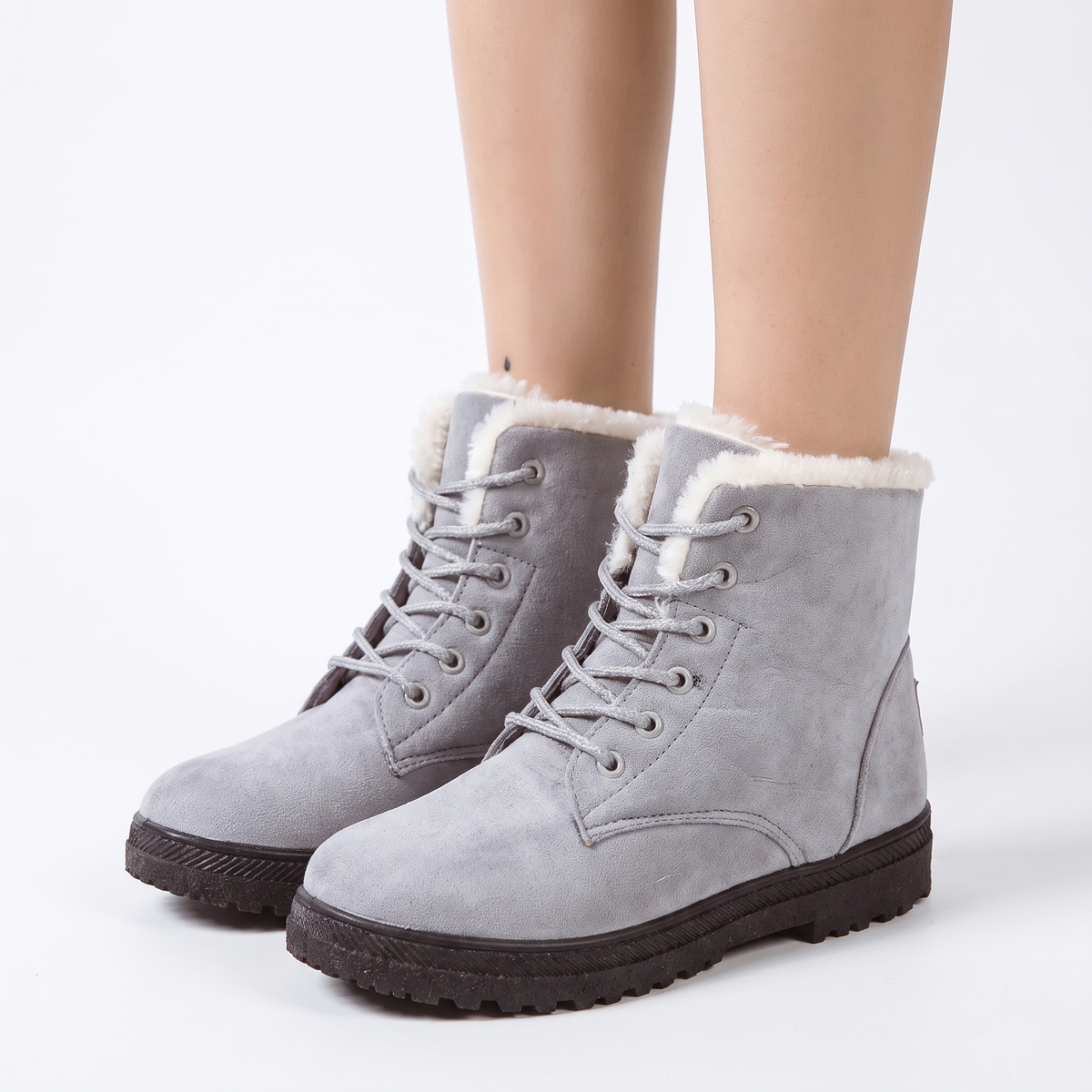 Women's Fur Lined Snow Lace-Up Suede Ankle Winter Boots