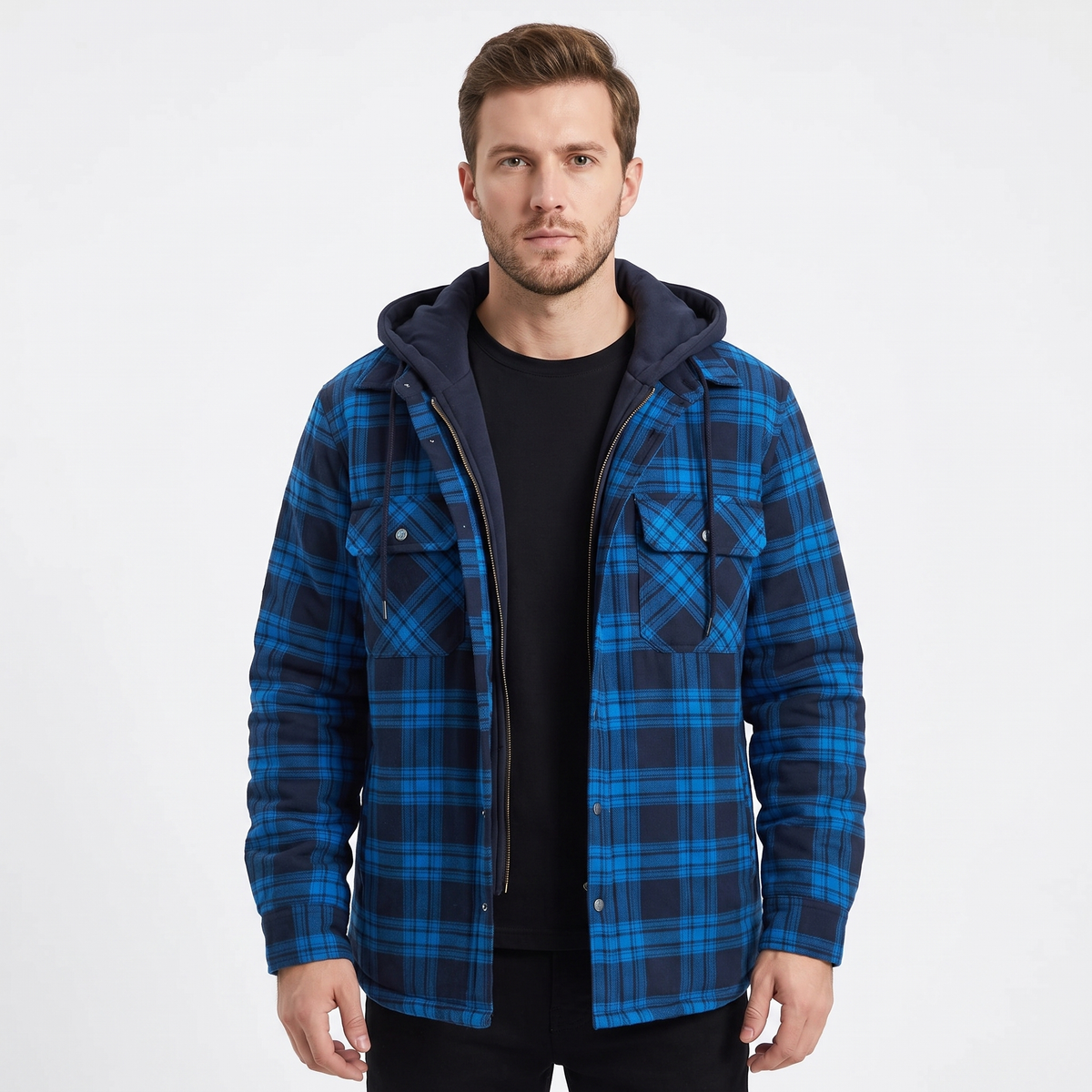 Men's Quilted Lined Plaid Flannel Jacket Hooded Shirt Winter Coat