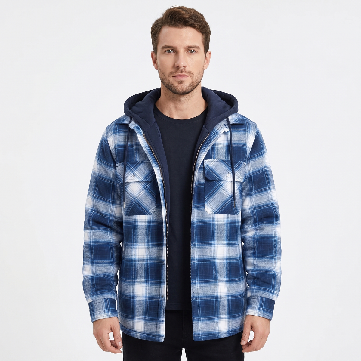 Men's Quilted Lined Plaid Flannel Jacket Hooded Shirt Winter Coat