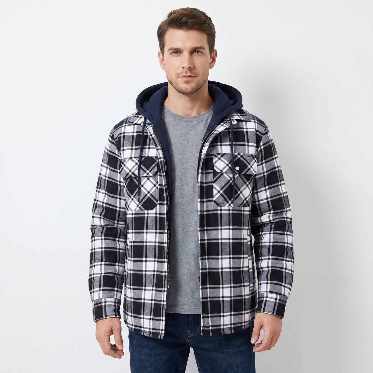 Men's Quilted Lined Plaid Flannel Jacket Hooded Shirt Winter Coat