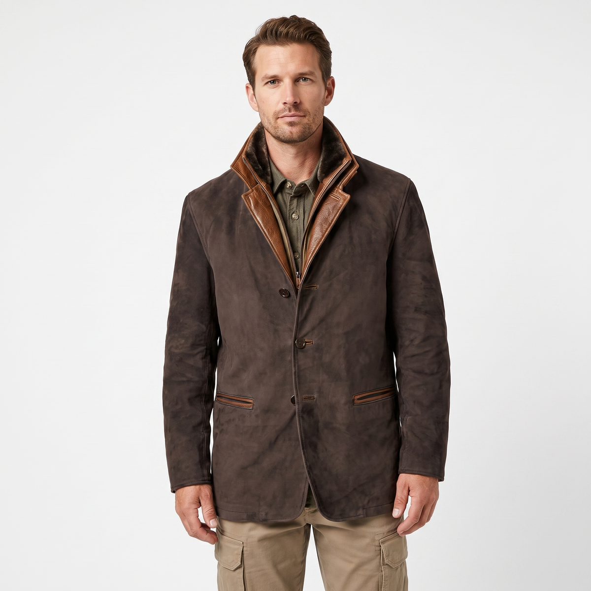 Men's Suede Leather Jacket Contrast Trim Stand Collar Blazer Winter Coat