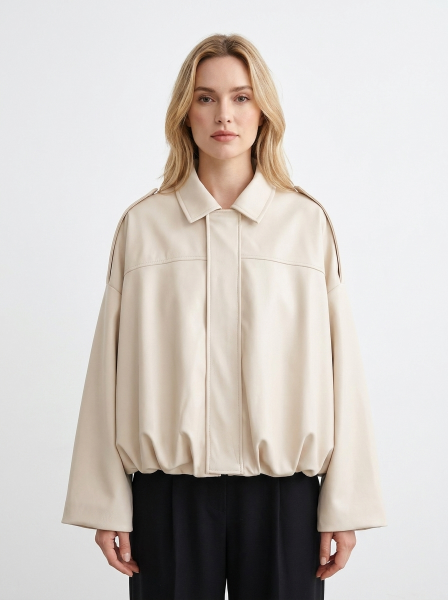 Women's Oversized Bomber Jacket Balloon Sleeve Cropped Zip-Up