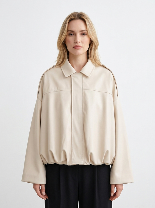 Women's Oversized Bomber Jacket Balloon Sleeve Cropped Zip-Up