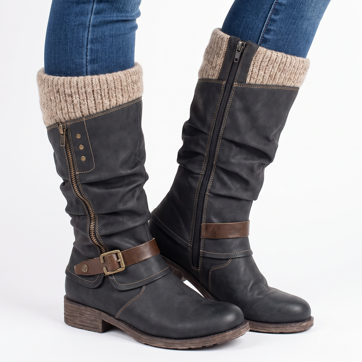 Women's Knee-High Knit Cuff Buckle Strap Zip Winter Boots