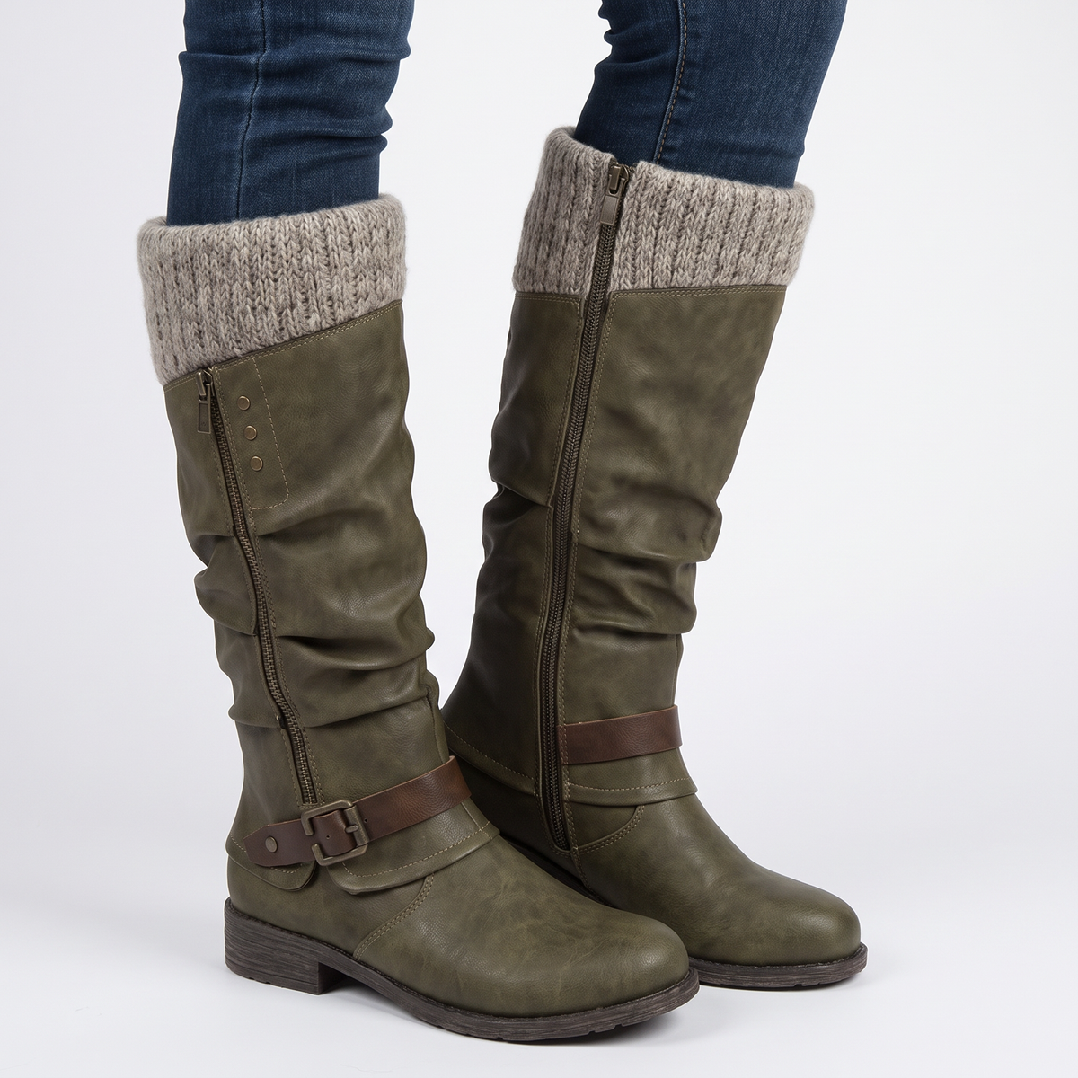 Women's Knee-High Knit Cuff Buckle Strap Zip Winter Boots