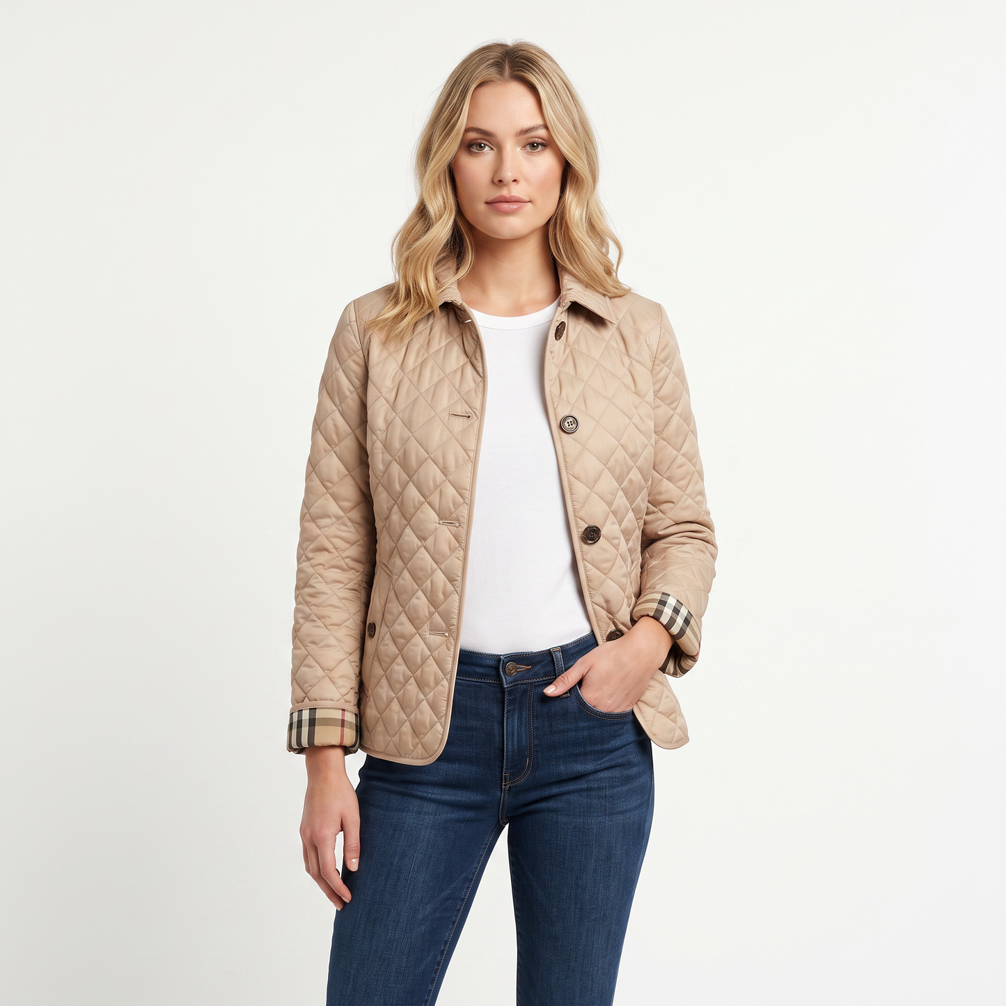 Women's Quilted Jacket Diamond Stitch Stand Collar Fitted Coat