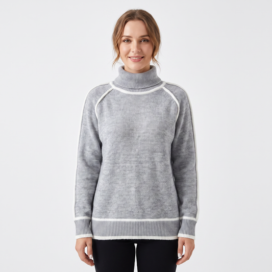 Women's Turtleneck Sweater Contrast Trim Raglan Sleeve Pullover