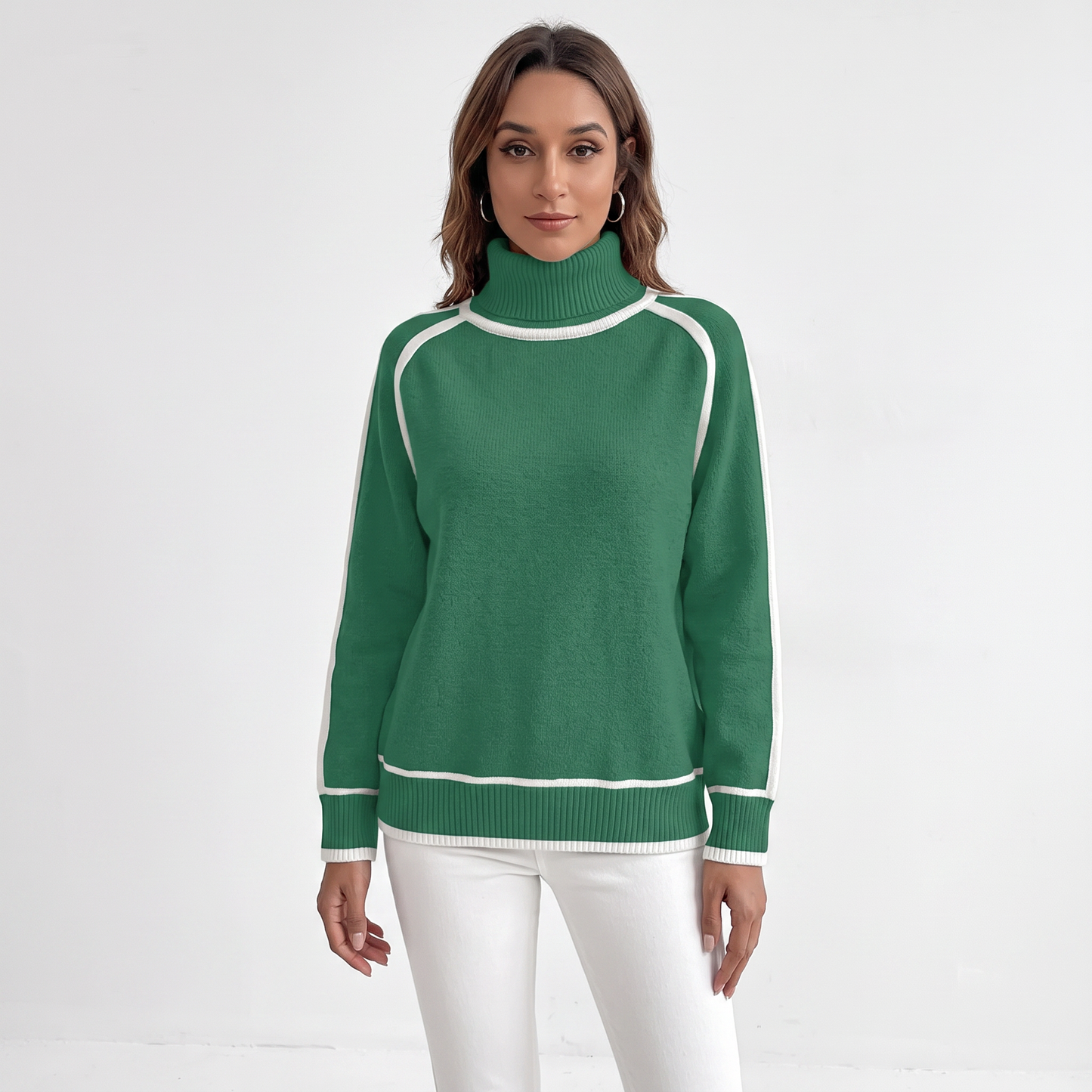 Women's Turtleneck Sweater Contrast Trim Raglan Sleeve Pullover