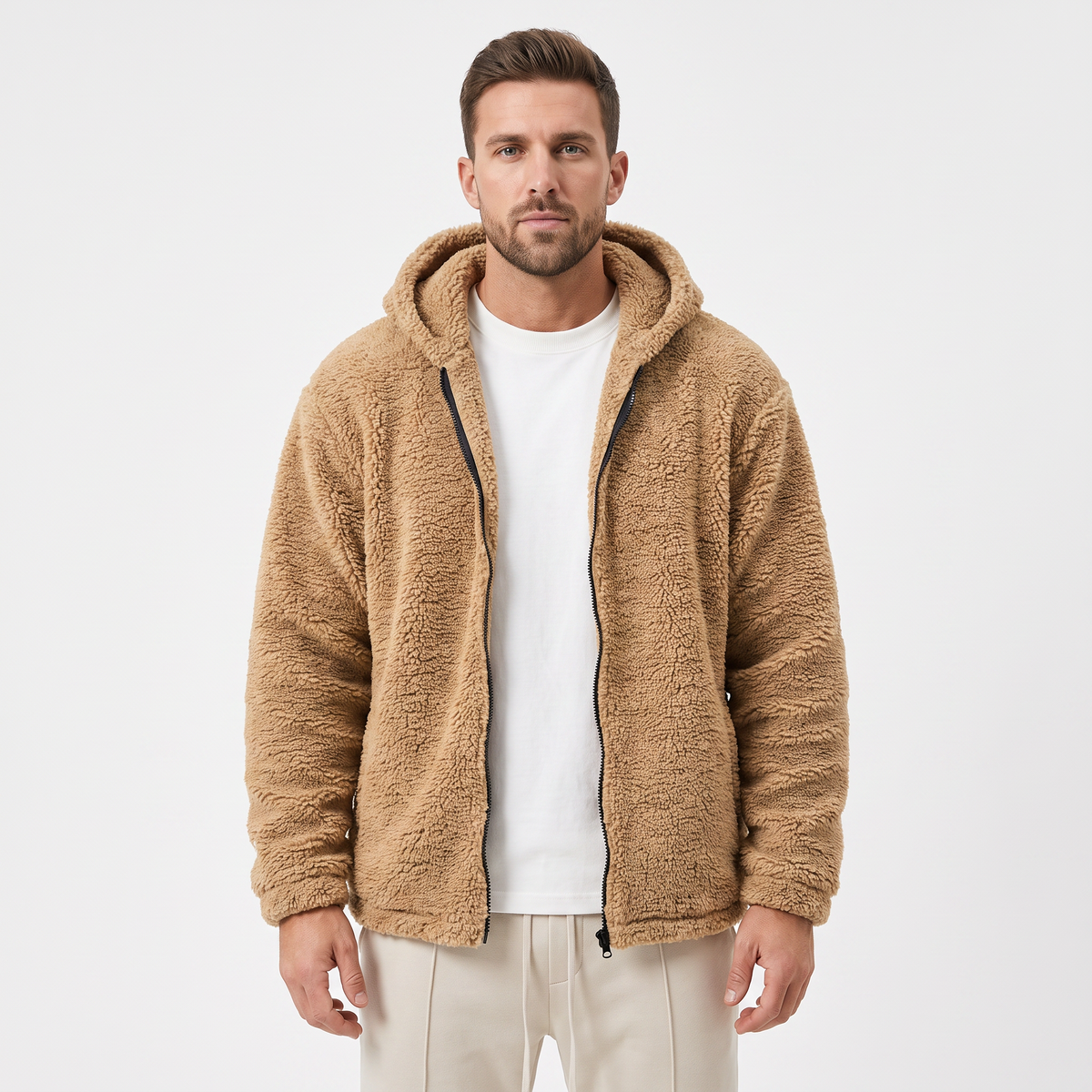 Men's Sherpa Zip-Up Jacket Hooded Fleece Teddy Winter Coat