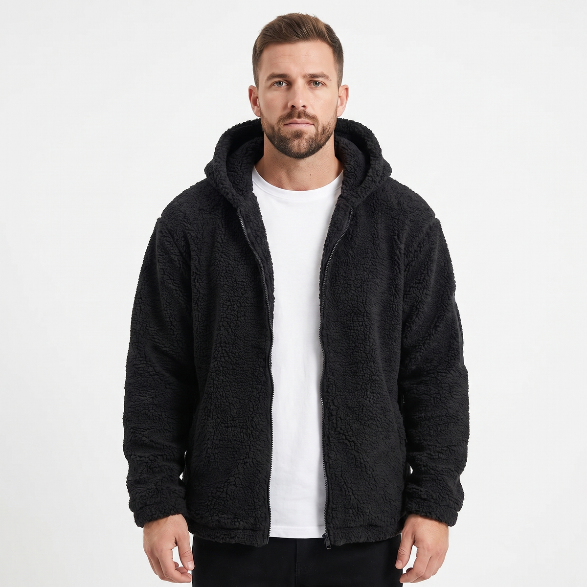 Men's Sherpa Zip-Up Jacket Hooded Fleece Teddy Winter Coat