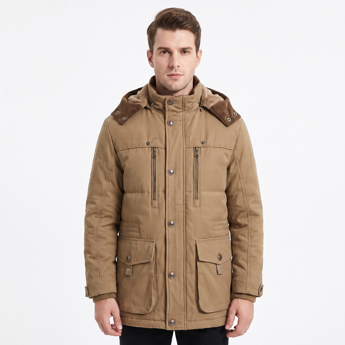 Men's Fleece Lined Parka Hooded Multi Pocket Winter Jacket