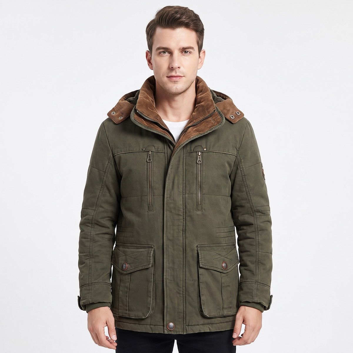 Men's Fleece Lined Parka Hooded Multi Pocket Winter Jacket