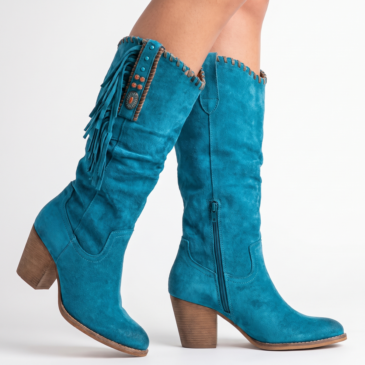 Women's Fringe Knee-High Winter Boots Chunky Block Heel Suede Western Style