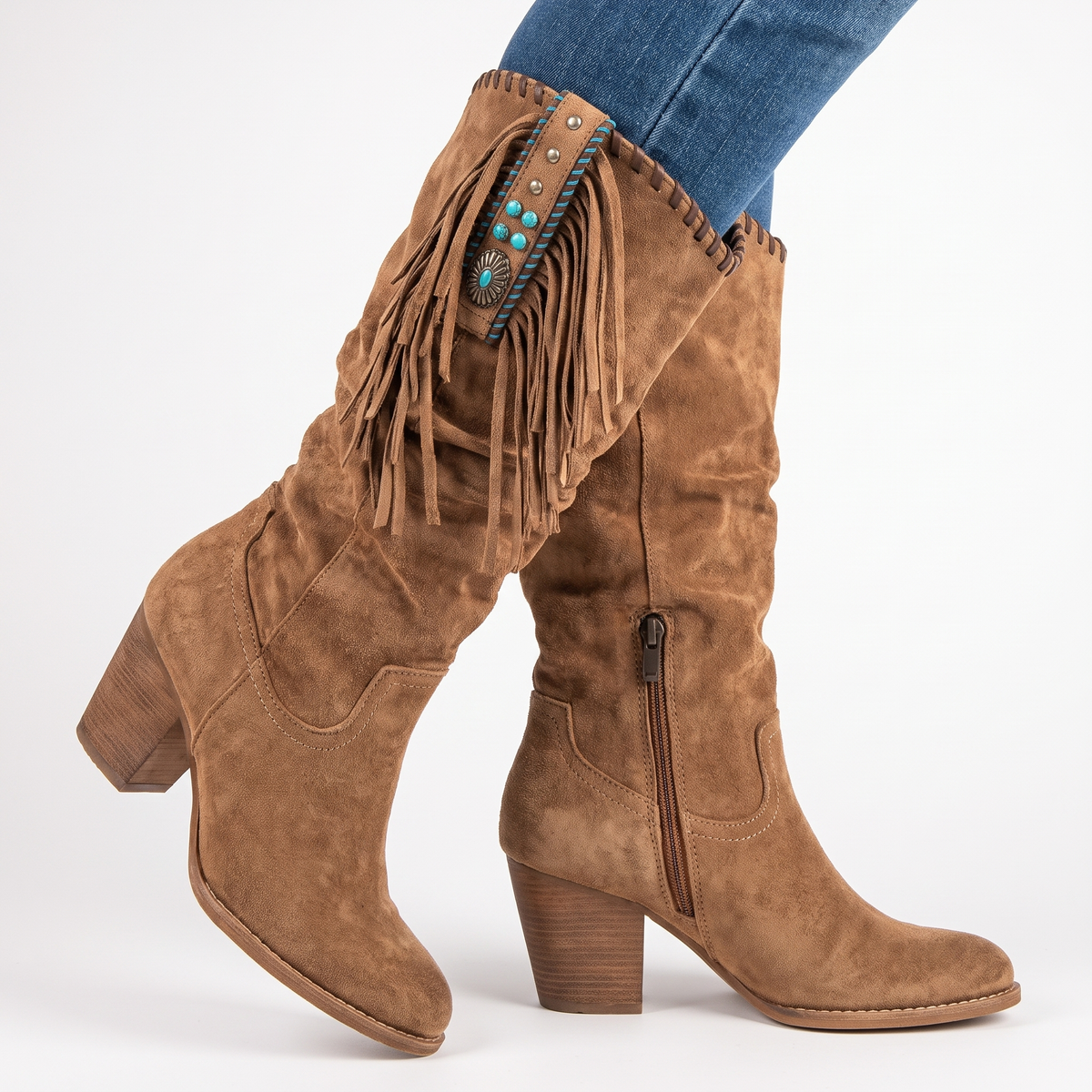Women's Fringe Knee-High Winter Boots Chunky Block Heel Suede Western Style