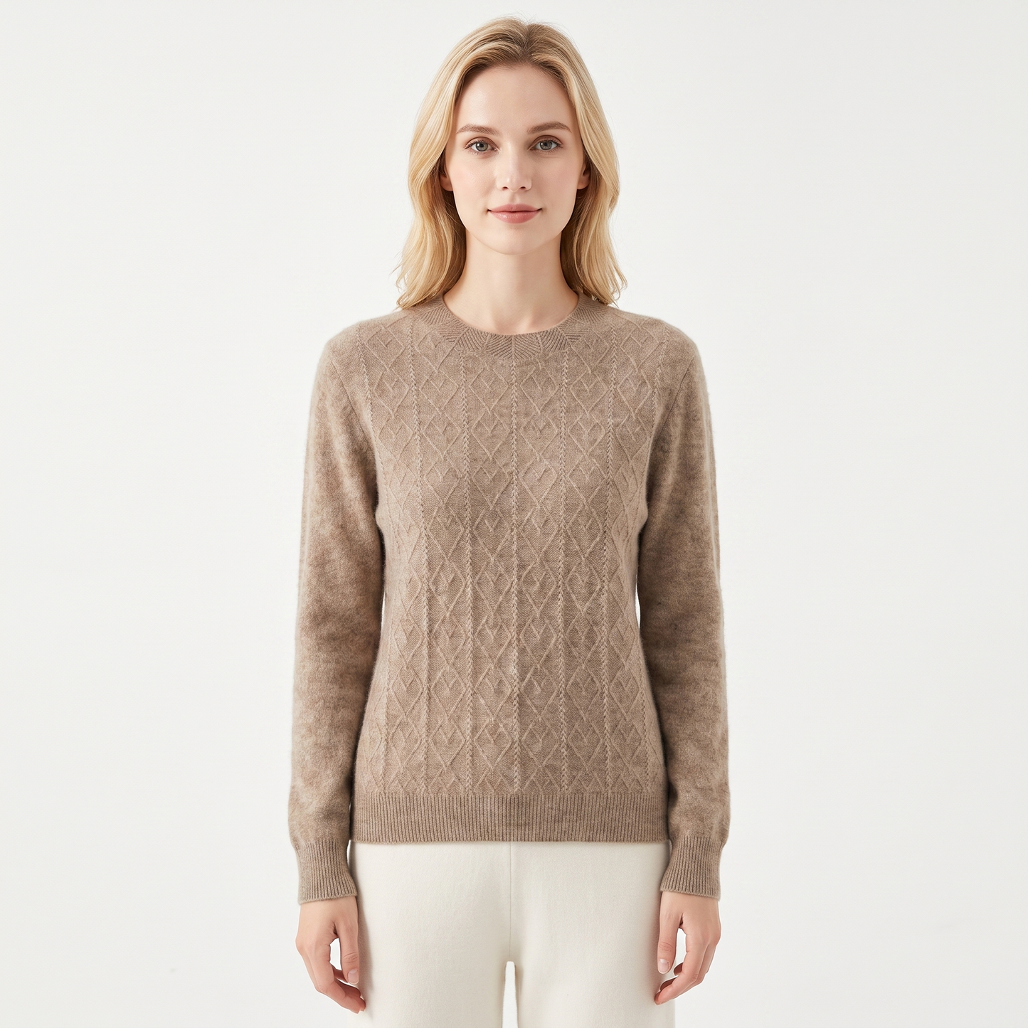 Women's Cable Knit Sweater Crew Neck Soft Wool Blend Pullover