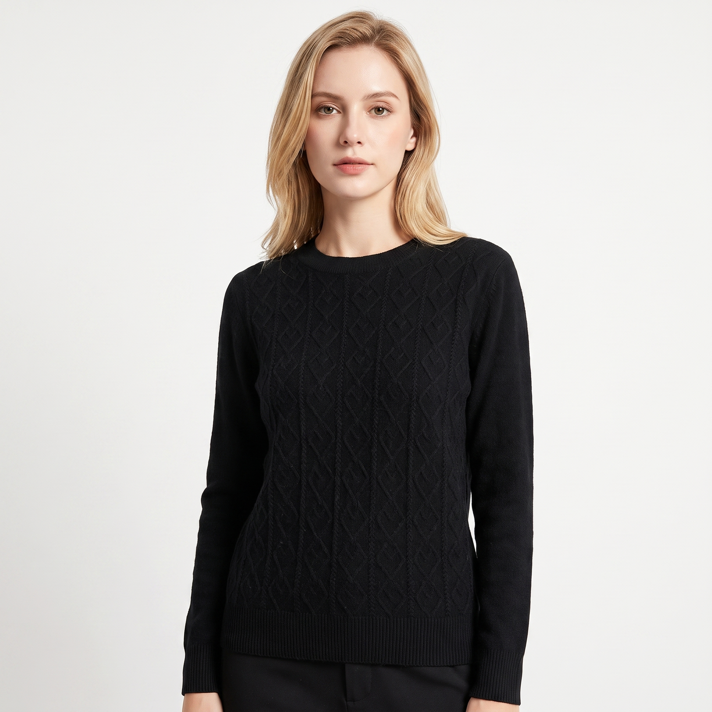 Women's Cable Knit Sweater Crew Neck Soft Wool Blend Pullover