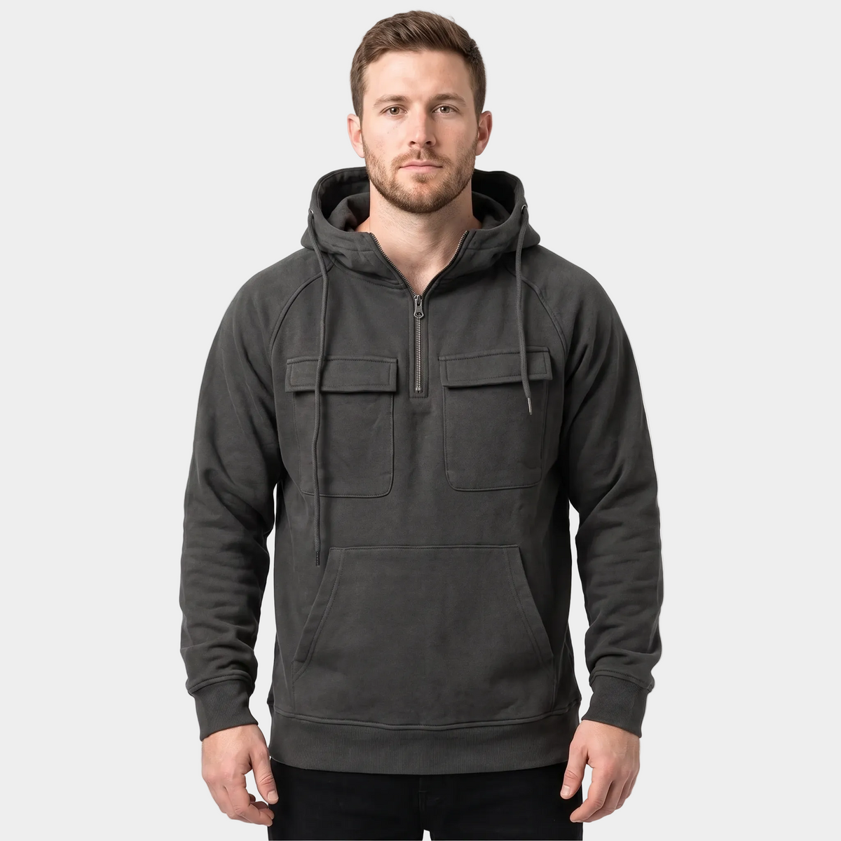 Men's Utility Winter Hoodie Quarter-Zip Fleece Pullover Cargo Pockets