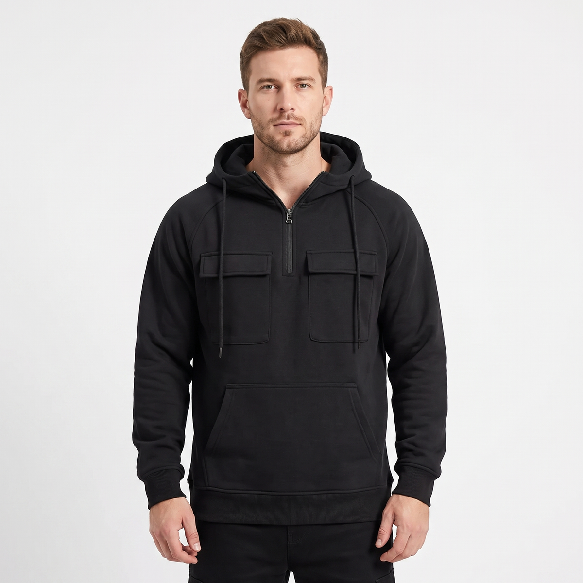 Men's Utility Winter Hoodie Quarter-Zip Fleece Pullover Cargo Pockets
