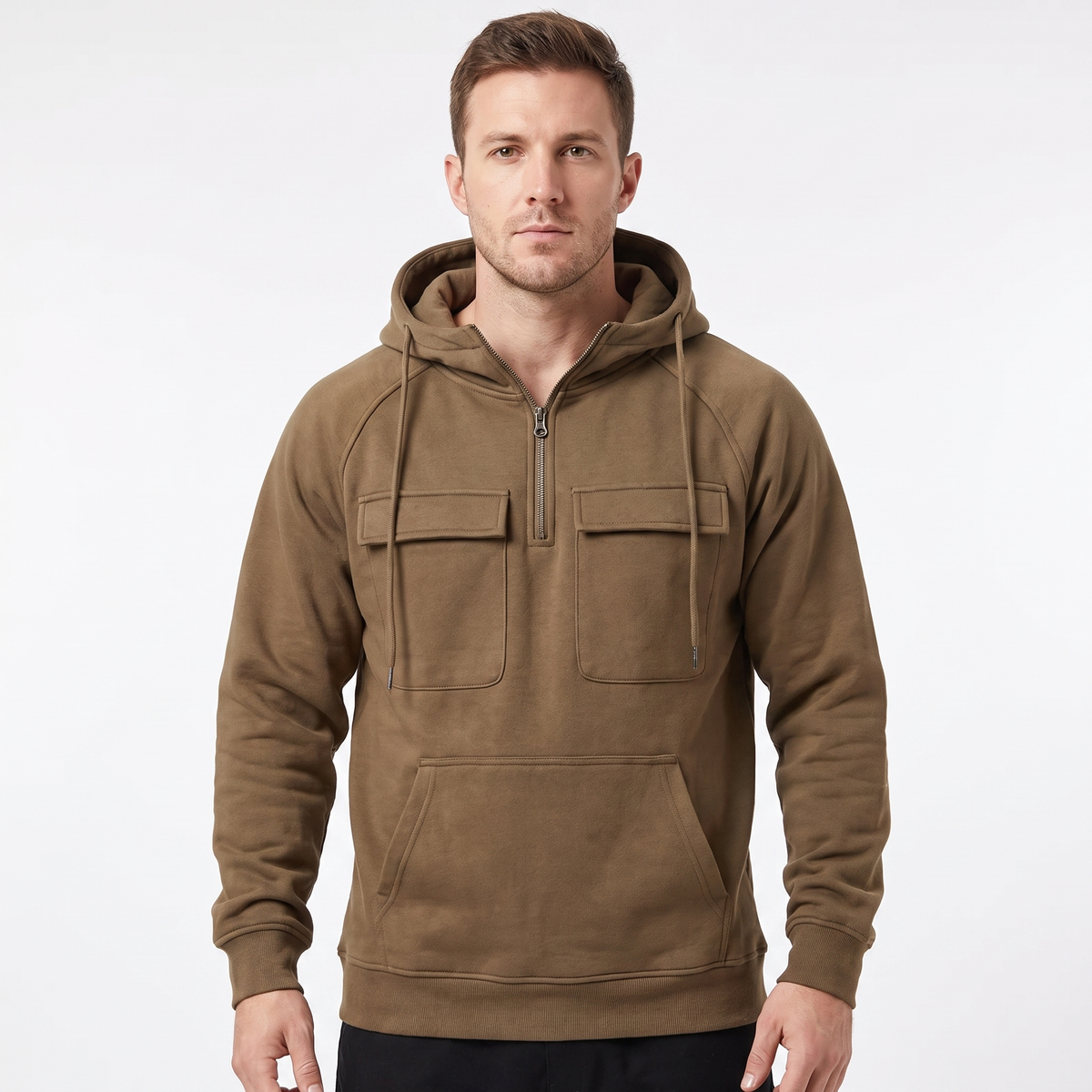 Men's Utility Winter Hoodie Quarter-Zip Fleece Pullover Cargo Pockets