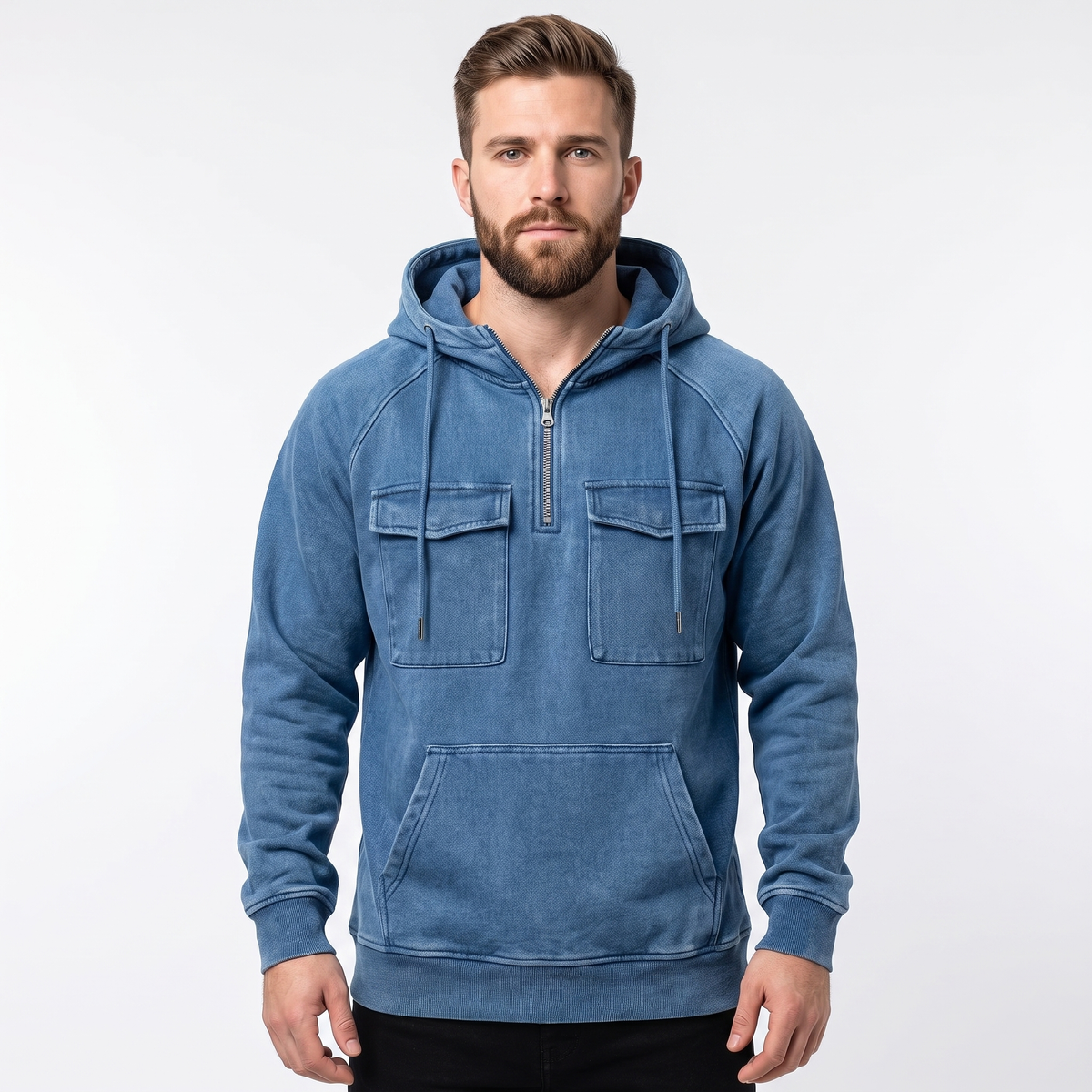 Men's Utility Winter Hoodie Quarter-Zip Fleece Pullover Cargo Pockets