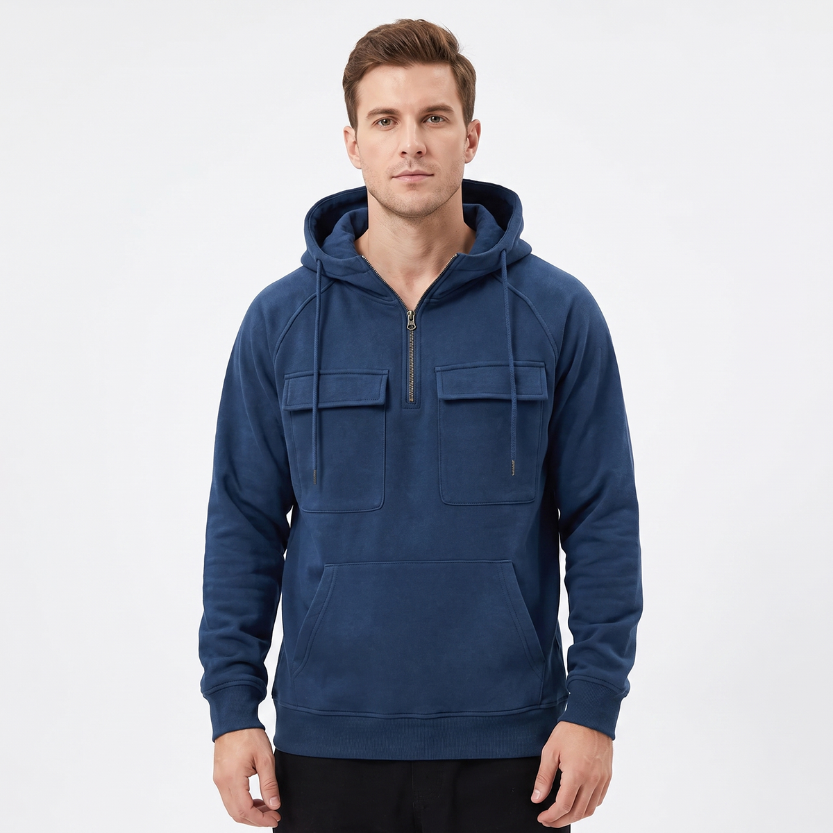 Men's Utility Winter Hoodie Quarter-Zip Fleece Pullover Cargo Pockets
