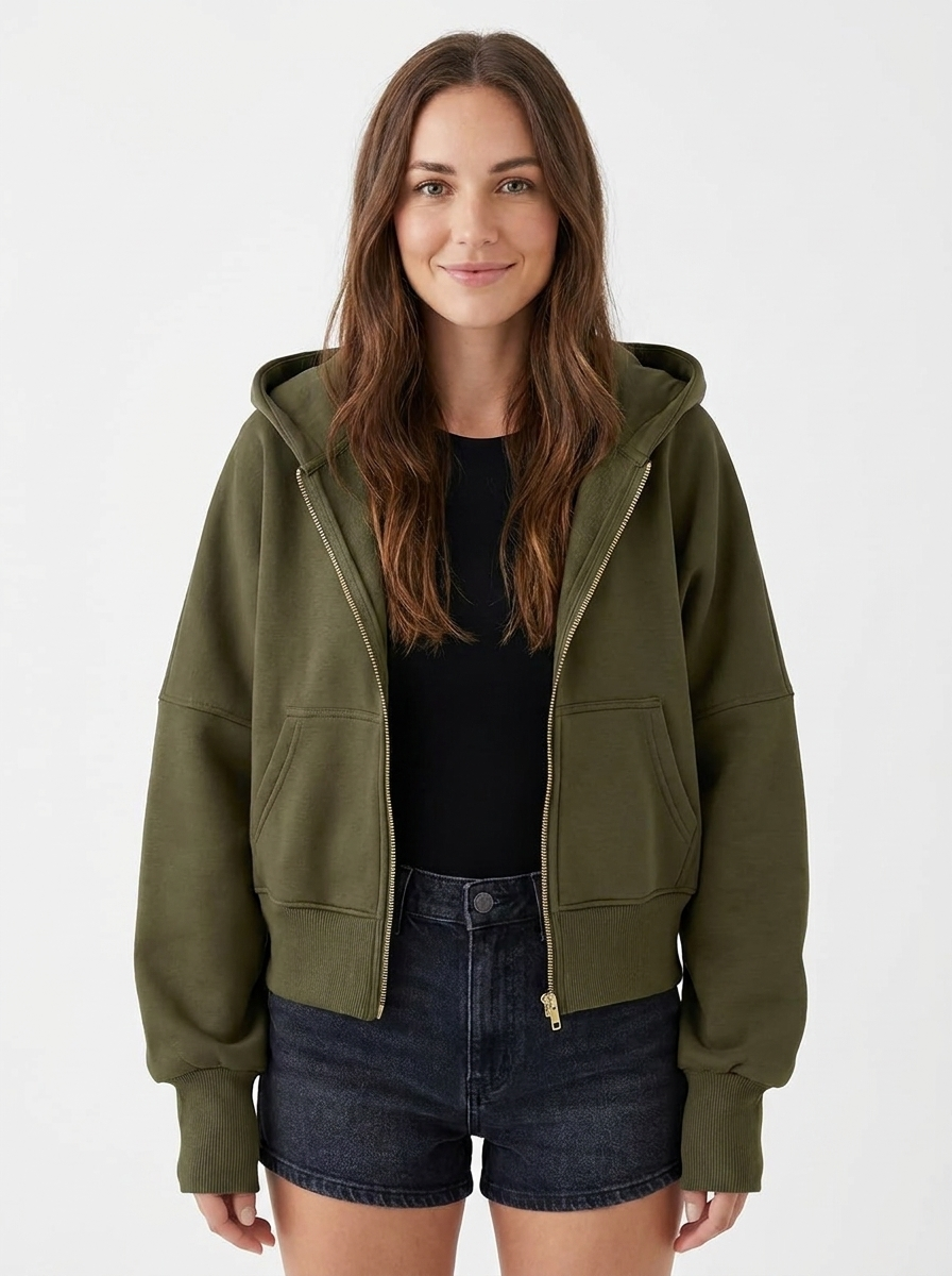 Women's Cropped Zip-Up Hoodie Oversized Fleece Winter Jacket
