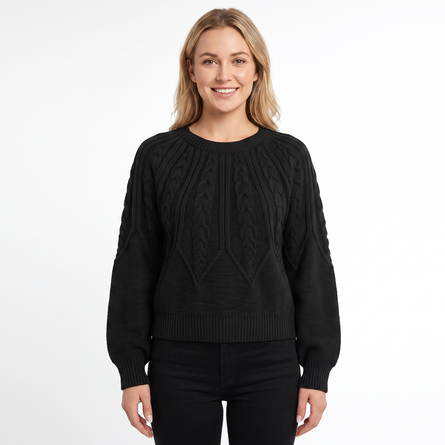 Women's Chunky Cable Knit Sweater Balloon Sleeve Crew Neck Pullover