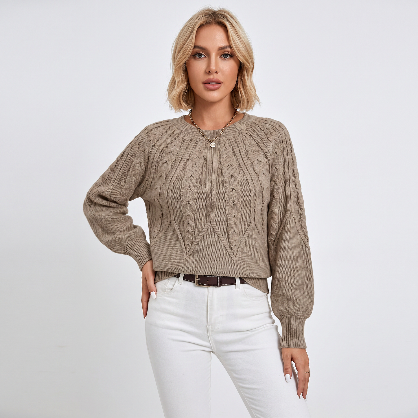 Women's Chunky Cable Knit Sweater Balloon Sleeve Crew Neck Pullover