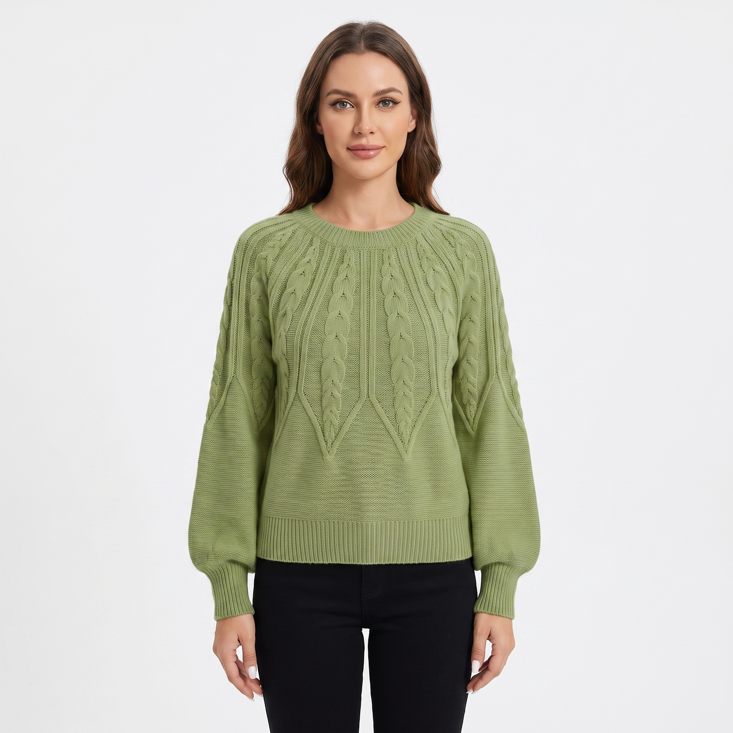 Women's Chunky Cable Knit Sweater Balloon Sleeve Crew Neck Pullover