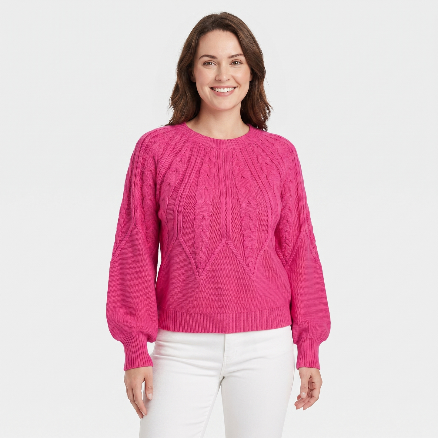 Women's Chunky Cable Knit Sweater Balloon Sleeve Crew Neck Pullover