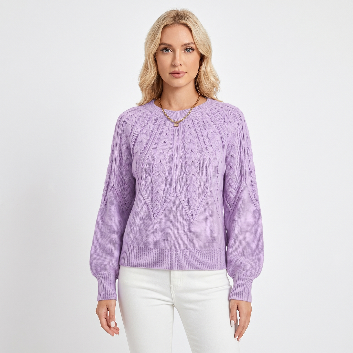 Women's Chunky Cable Knit Sweater Balloon Sleeve Crew Neck Pullover