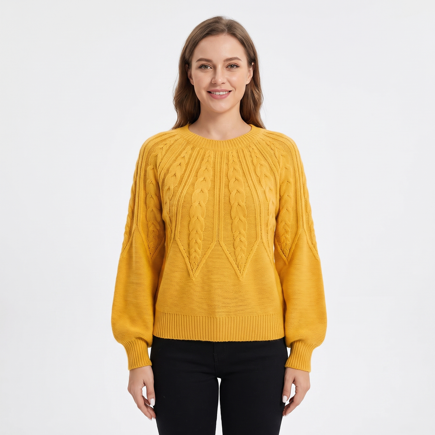 Women's Chunky Cable Knit Sweater Balloon Sleeve Crew Neck Pullover