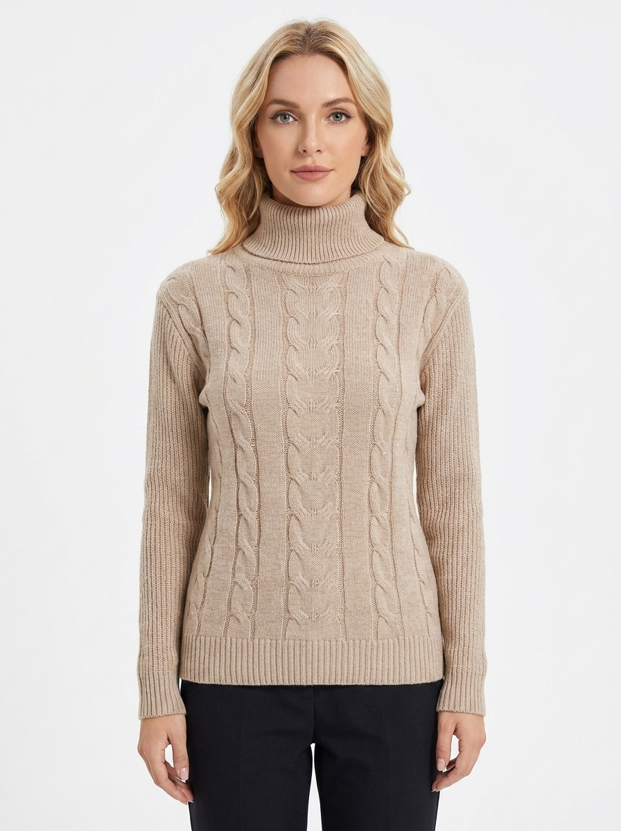 Women's Cable Knit Turtleneck Winter Sweater Slim-Fit Ribbed Pullover