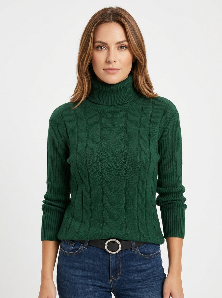 Women's Cable Knit Turtleneck Winter Sweater Slim-Fit Ribbed Pullover