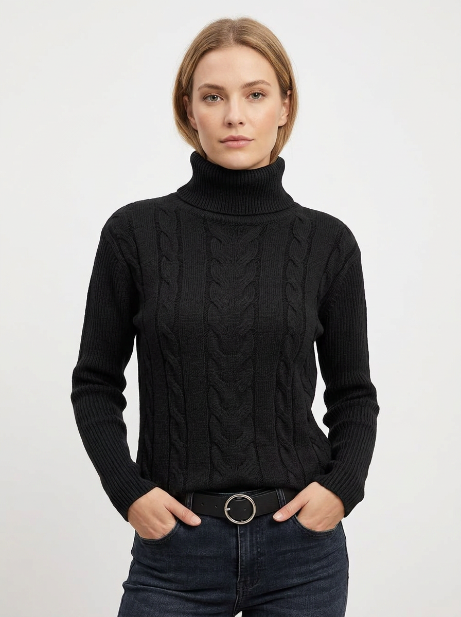 Women's Cable Knit Turtleneck Winter Sweater Slim-Fit Ribbed Pullover