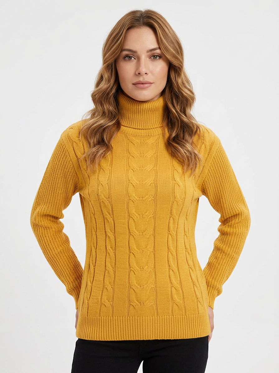 Women's Cable Knit Turtleneck Winter Sweater Slim-Fit Ribbed Pullover